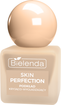 Podkład Bielenda Skin Perfection w beżowej butelce z okrągłą nakrętką, widok z przodu, kryjąco-wygładzający.