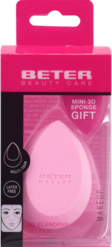Różowa gąbka Beter Mini 3D Blending Sponge do makijażu, latex free, w przezroczystym, różowym opakowaniu.