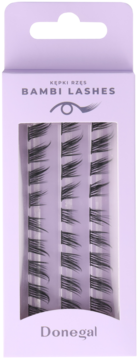 Donegal Bambi Lashes, czarne kępki rzęs o stopniowanej długości, w fioletowym pudełku. Widok z przodu.