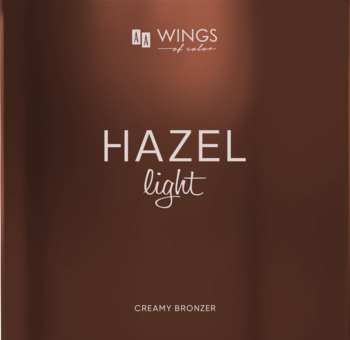 Brązowe opakowanie kremowego bronzera WINGS of color HAZEL light z białymi napisami, widok z przodu.