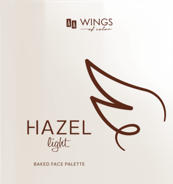 AA WINGS of color HAZEL light Baked Face Palette, beżowe opakowanie z brązowym logo i grafiką skrzydła.