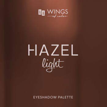 Promocyjna grafika palety cieni HAZEL light. Brązowe tło, logo WINGS of color, napis 'EYESHADOW PALETTE'.