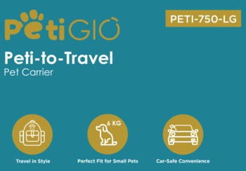 Peti-to-Travel Pet Carrier. Turkusowa grafika z logo, napisem i ikonami: podróż w stylu, dla małych psów 6kg, bezpieczny w aucie.