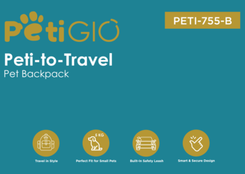 Grafika promocyjna: Plecak PetiGiO Peti-to-Travel dla małych zwierząt, z przezroczystym okienkiem i wentylacją.