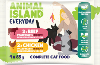 Animal Island Everyday karma dla kotów, 4x85g, fileciki wołowina/kurczak w rosole, opakowanie z kotami.