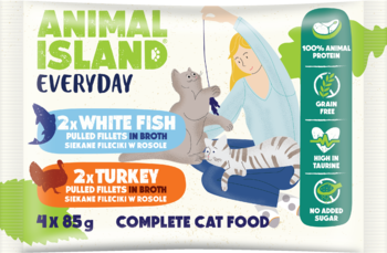 Animal Island Everyday karma dla kota, fileciki w rosole (biała ryba, indyk) 4x85g. Opakowanie, widok z przodu.