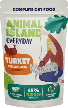 Biała saszetka kompletnej karmy dla kota Animal Island Everyday: indyk w rosole, 65% filety, bez zbóż.