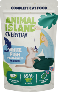 Saszetka Animal Island Everyday, kompletna karma dla kota, biała ryba w bulionie, bez zbóż. Ilustracja kota i kobiety.