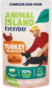 Biała saszetka Animal Island Everyday Turkey Pulled Fillets dla psów mini ras, w rosole, grain-free.