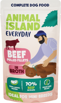 Pink Animal Island Everyday Complete Dog Food pouch, Beef Pulled Fillets in Broth, 70% beef, mini breeds.