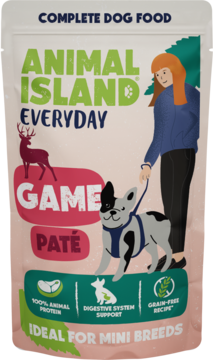 Różowa saszetka Animal Island Everyday Game Paté, pełnoporcjowa karma dla psów mini ras, bez zbóż.