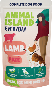 Animal Island Everyday Lamb Paté, różowa saszetka karmy bezzbożowej dla mini ras, widok z przodu.