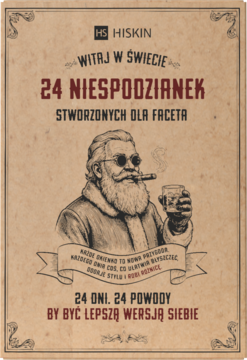 Plakat Hiskin męski kalendarz adwentowy. Vintage styl, ilustracja brodatego mężczyzny z cygarem, tekst o 24 niespodziankach.