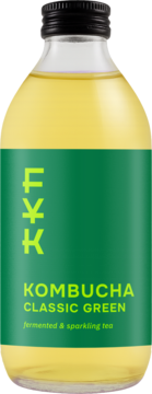 Kombucha FKK Classic Green, fermentowana herbata musująca w szklanej butelce z zieloną etykietą, widok z przodu.