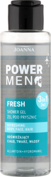 Joanna Power Men Fresh 3w1 mini żel pod prysznic, odświeżający, do ciała, twarzy i włosów, widok z przodu.