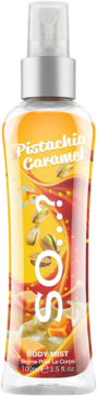 SO? Pistachio Caramel Body Mist w przezroczystej butelce z pompką, z przodu grafika pistacji i karmelu.