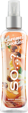 So...? Caramel Cookies Body Mist, 100ml, clear bottle with sweet caramel and white flower design, front view.