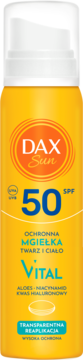 Żółta butelka Dax Sun Vital Ochronna mgiełka SPF 50 do twarzy i ciała z aloesem i kwasem hialuronowym, widok z przodu.