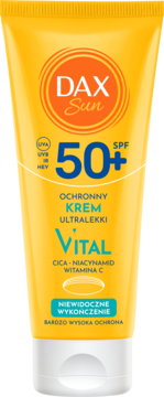 DAX Sun Vital ultralekki krem ochronny SPF 50+ w żółtej tubce, widok z przodu, z pomarańczowym logo słońca.
