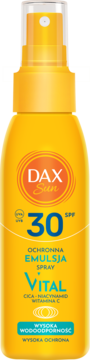 Jasnożółty spray do opalania Dax Sun Vital SPF 30, emulsja z Cica, witaminą C, niacynamidem. Widok z przodu.
