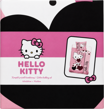 Opakowanie pościeli Hello Kitty w czarno-różowe serca z dużą Hello Kitty. W prawym rogu podgląd zestawu.