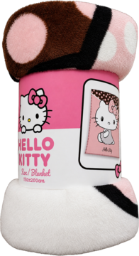 Rolowany koc Hello Kitty, różowo-brązowy w kropki, z etykietą przedstawiającą Hello Kitty i wzór koca, miękki plusz.