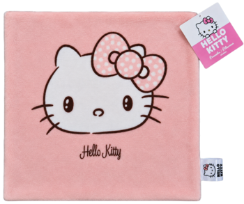 Różowy pluszowy kwadrat Hello Kitty z dużą białą twarzą i różową kokardą, widok z przodu, z metką.