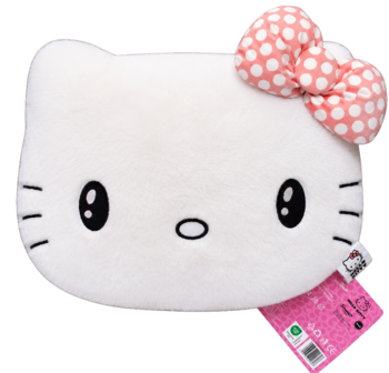 Biała, pluszowa poduszka Hello Kitty w kształcie głowy, z różową kokardą w białe kropki, widok frontalny.