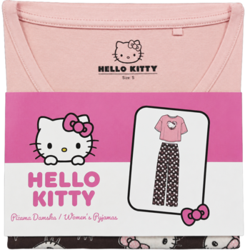 Złożona piżama damska Hello Kitty: różowa bluzka i spodnie z wzorami, w oryginalnym opakowaniu.