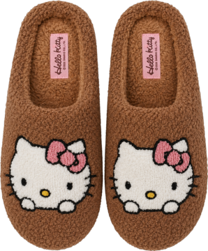 Para brązowych, miękkich kapci pluszowych Hello Kitty z białą twarzą i różową kokardką, widok z góry.