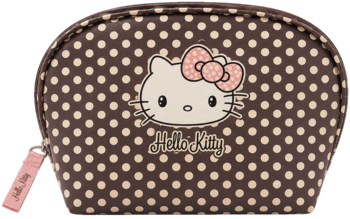 Brązowa kosmetyczka Hello Kitty w beżowe kropki, z wizerunkiem Hello Kitty i różową kokardką, zamek, widok z przodu.
