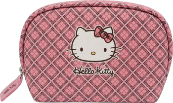 Różowa kosmetyczka Hello Kitty z kratką, owalna, z czarnymi detalami i czerwoną kokardą, widok z przodu.