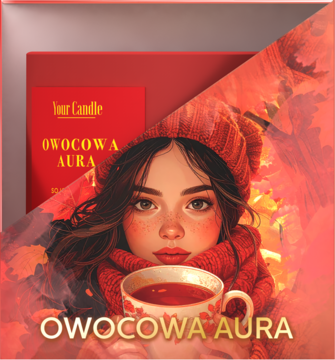 Ilustracja kobiety w zimowej czapce z kubkiem, z tyłu świeca Your Candle OWOCOWA AURA na czerwonym tle.