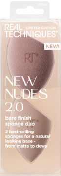 Real Techniques New Nudes 2.0 Duo: beżowe gąbeczki do makijażu dla naturalnej bazy, widok w opakowaniu.
