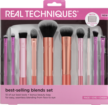 Real Techniques zestaw pędzli do makijażu "Best-Selling Blends" z kosmetyczką, widok z przodu, różowe pudełko.