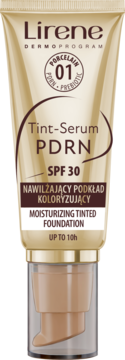 Lirene Tint-Serum PDRN nawilżający podkład koloryzujący SPF 30 01 Porcelain w złoto-beżowej tubce z pompką.