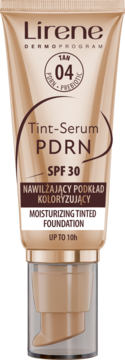 Lirene Tint-Serum PDRN, beżowy podkład koloryzujący SPF 30, odcień Tan 04, z widoczną pompką, widok z przodu.