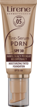 Lirene Dermoprogram Tint-Serum PDRN SPF 30, odcień 05 Beige, nawilżający podkład w beżowej tubce z pompką.
