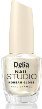Delia Cosmetics NAIL STUDIO KOREAN GLOSS, perłowy lakier do paznokci w przezroczystej butelce, przód.