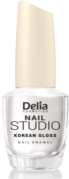 Błyszczyk do paznokci Delia NAIL STUDIO Korean Gloss w przezroczystej butelce, beżowa nakrętka, widok z przodu.
