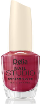 Błyszczący lakier do paznokci Delia Nail Studio Korean Gloss, malinowa czerwień, beżowa nakrętka, widok z przodu.