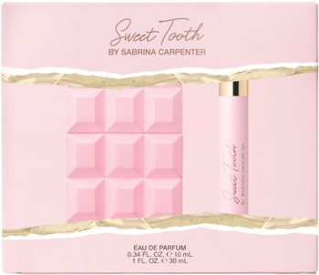 Zestaw perfum Sabrina Carpenter Sweet Tooth w różowym pudełku, z flakonem 30ml w kształcie czekolady i miniaturą.
