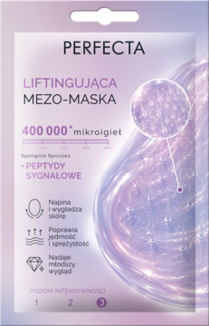 PERFECTA LIFTINGUJĄCA MEZO-MASKA 400 000 mikroigieł, fioletowo-biała saszetka, widok z przodu.