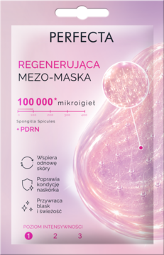 Błyszcząca saszetka Perfecta Regenerująca Mezo-Maska, z różowym gradientem i grafiką 100 000 mikroigieł.
