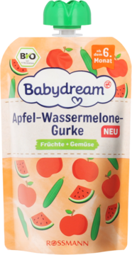 Babydream mus BIO jabłko-arbuz-ogórek. Biała saszetka z zieloną nakrętką, nowość od 6. miesiąca, przód.