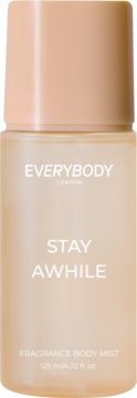EVERYBODY LONDON STAY AWHILE Fragrance Body Mist 125 ml, light beige cylindrical bottle, frontal view.