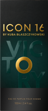 Perfum męski ICON 16 KUBA BŁASZCZYKOWSKI, 100ml. Czarne pudełko z wytłoczonym zielono-złotym napisem VICTORY.