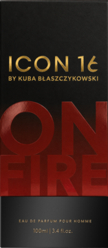 Czarny kartonik perfum ICON 16 ON FIRE By Kuba Błaszczykowski, 100ml. Złote i czerwone, błyszczące napisy.