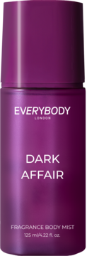 Fioletowy EVERYBODY LONDON Dark Affair Fragrance Body Mist, butelka z połyskiem, widok z przodu.