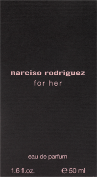Ciemnoszare pudełko Narciso Rodriguez for her Eau de Parfum 50 ml, z różowym napisem, widok z przodu.